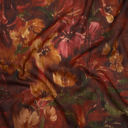 Crinkled Cotton Gauzy Woven - Burgundy, Yellow Ochre and Green Painterly Ikat Floral - Mood Exclusive Cabernet Crocus Print