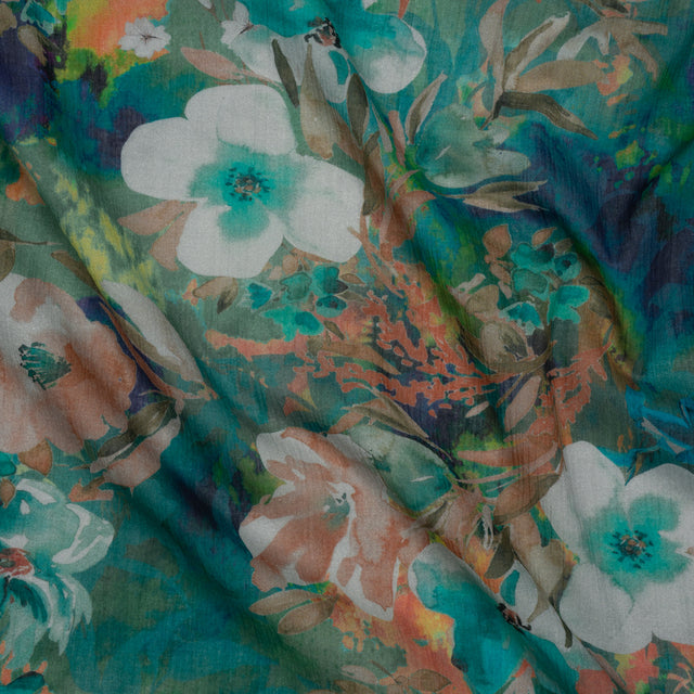 Crinkled Cotton Gauzy Woven - Teal, Tan and Blue Painterly Floral - Mood Exclusive Moonflower Mirage Print