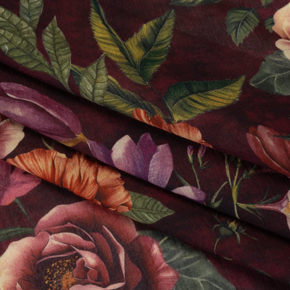 Crinkled Cotton Gauzy Woven - Wine Red, Coral and Green Floral - Mood Exclusive Romantic Nights Print Folded