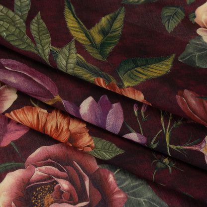 Crinkled Cotton Gauzy Woven - Wine Red, Coral and Green Floral - Mood Exclusive Romantic Nights Print Folded