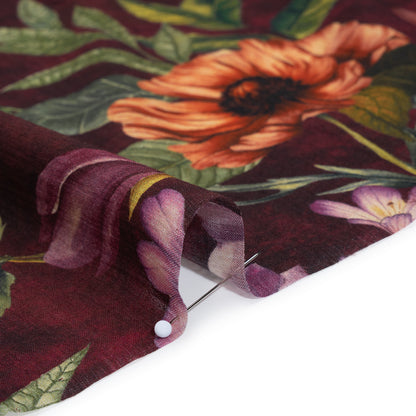 Crinkled Cotton Gauzy Woven - Wine Red, Coral and Green Floral - Mood Exclusive Romantic Nights Print Detail