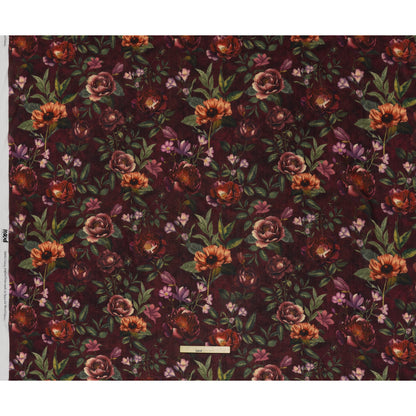 Crinkled Cotton Gauzy Woven - Wine Red, Coral and Green Floral - Mood Exclusive Romantic Nights Print - Full