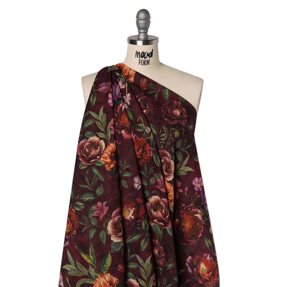 Crinkled Cotton Gauzy Woven - Wine Red, Coral and Green Floral - Mood Exclusive Romantic Nights Print Drape