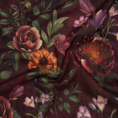 Crinkled Cotton Gauzy Woven - Wine Red, Coral and Green Floral - Mood Exclusive Romantic Nights Print