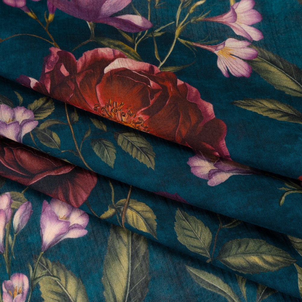 Crinkled Cotton Gauzy Woven - Dark Cobalt, Wine Red and Green Floral - Mood Exclusive Romantic Nights Print Folded
