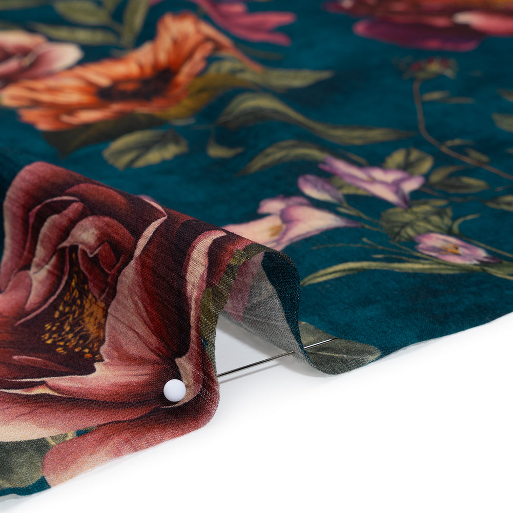 Crinkled Cotton Gauzy Woven - Dark Cobalt, Wine Red and Green Floral - Mood Exclusive Romantic Nights Print Detail