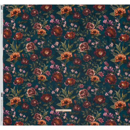 Crinkled Cotton Gauzy Woven - Dark Cobalt, Wine Red and Green Floral - Mood Exclusive Romantic Nights Print - Full