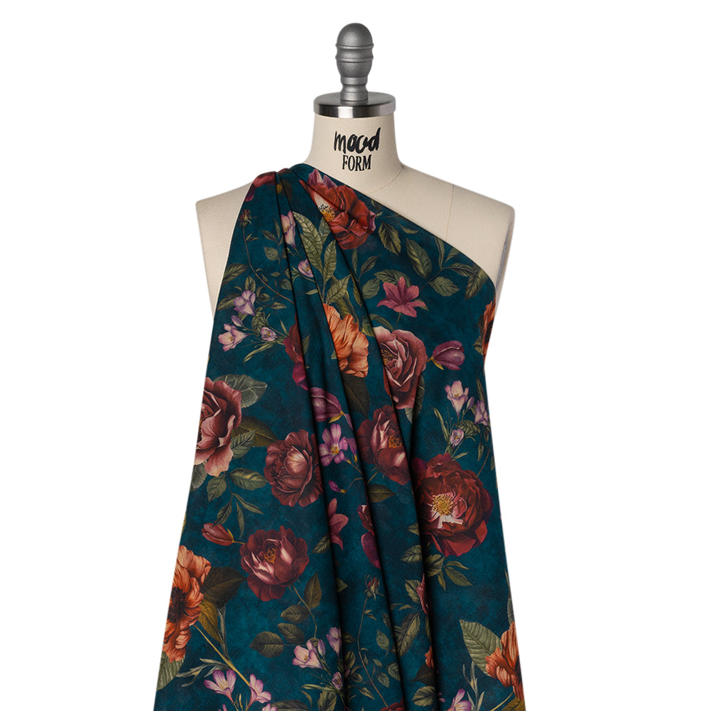 Crinkled Cotton Gauzy Woven - Dark Cobalt, Wine Red and Green Floral - Mood Exclusive Romantic Nights Print Drape