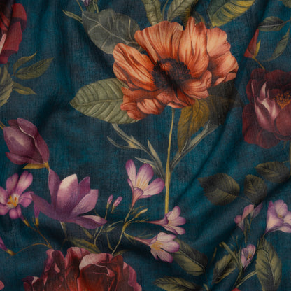 Crinkled Cotton Gauzy Woven - Dark Cobalt, Wine Red and Green Floral - Mood Exclusive Romantic Nights Print