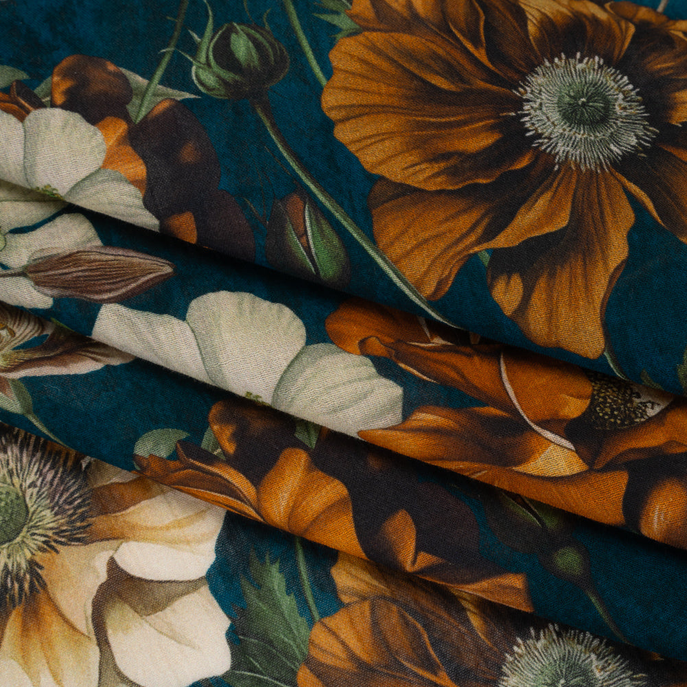 Crinkled Cotton Gauzy Woven - Phthalo Blue, Burnt Orange and Cream Floral - Mood Exclusive Trellis Tango Print Folded