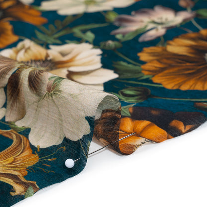 Crinkled Cotton Gauzy Woven - Phthalo Blue, Burnt Orange and Cream Floral - Mood Exclusive Trellis Tango Print Detail