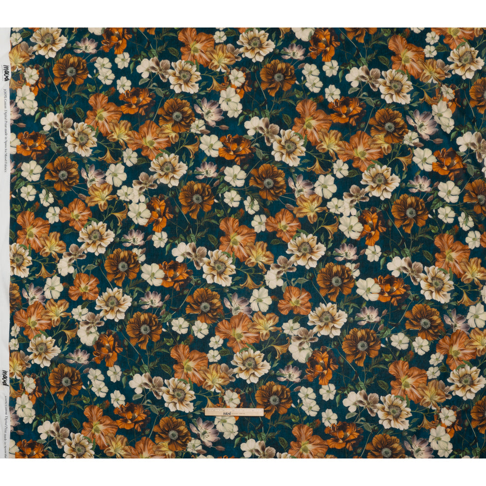 Crinkled Cotton Gauzy Woven - Phthalo Blue, Burnt Orange and Cream Floral - Mood Exclusive Trellis Tango Print - Full