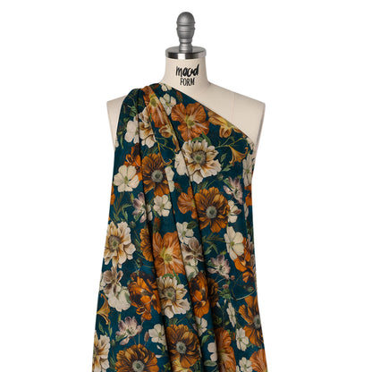 Crinkled Cotton Gauzy Woven - Phthalo Blue, Burnt Orange and Cream Floral - Mood Exclusive Trellis Tango Print Drape