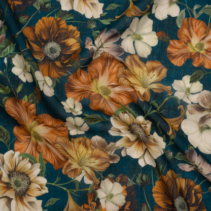 Crinkled Cotton Gauzy Woven - Phthalo Blue, Burnt Orange and Cream Floral - Mood Exclusive Trellis Tango Print