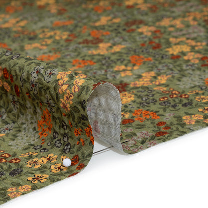 Cotton and Viscose Striped Seersucker - Sage Green, Dark Red and Beige Bunches of Flowers - Mood Exclusive Sunny Sprouts Print Detail