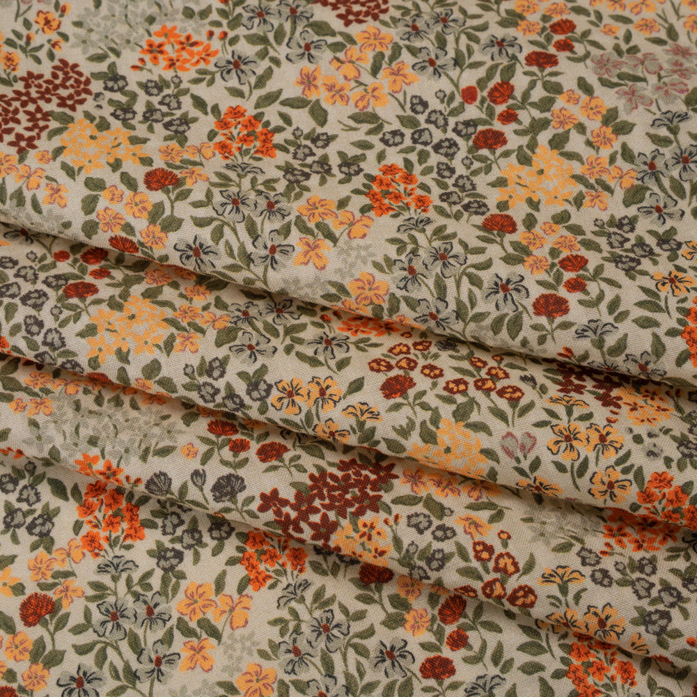 Cotton and Viscose Striped Seersucker - Gray, Burgundy and Olive Little Flowers - Mood Exclusive Sunny Sprouts Print - Folded