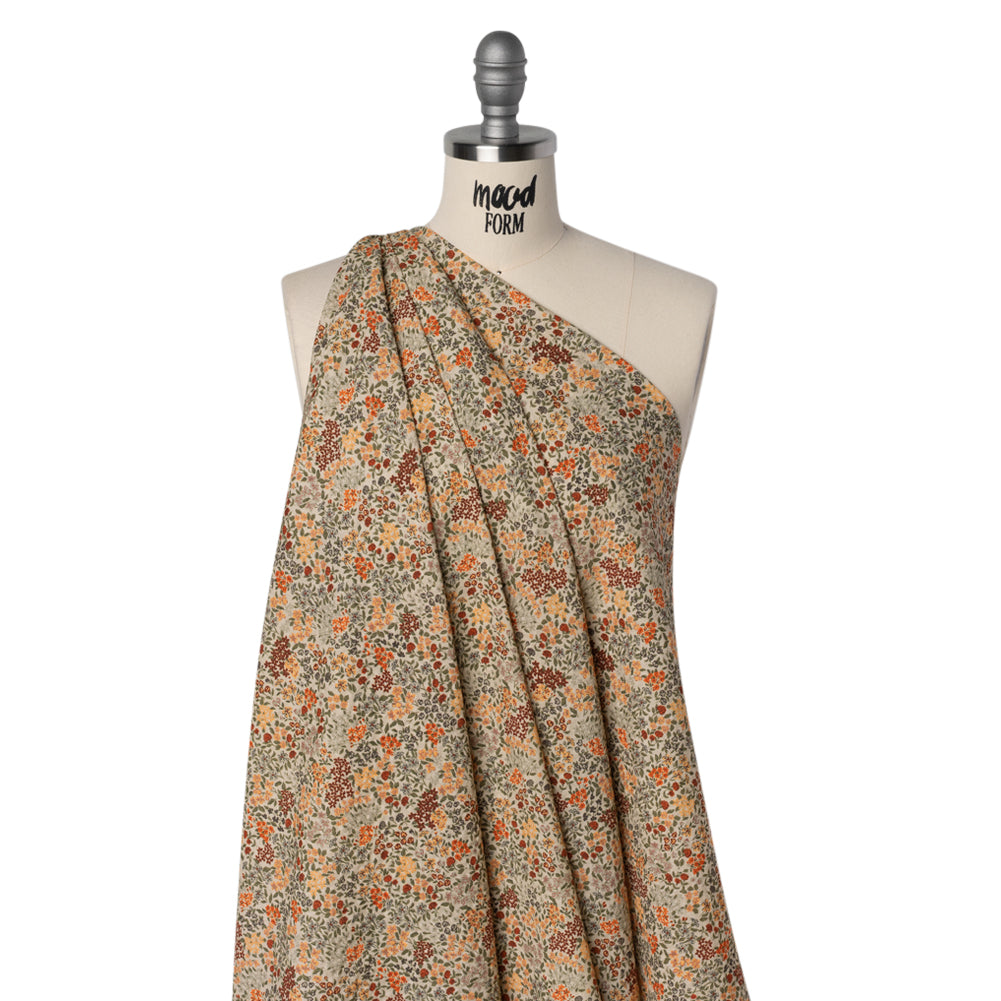 Cotton and Viscose Striped Seersucker - Gray, Burgundy and Olive Little Flowers - Mood Exclusive Sunny Sprouts Print - Drape