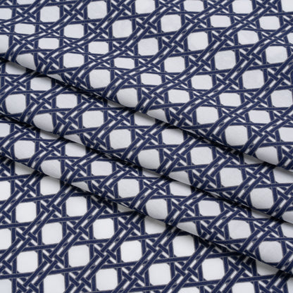 Cotton and Rayon Woven Shirting Print - Navy Blue and White Wicker Basket Lattice - Deadstock
