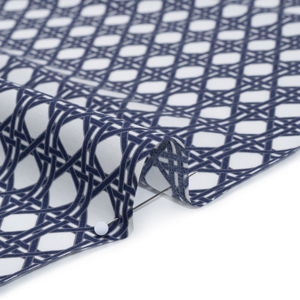Cotton and Rayon Woven Shirting Print - Navy Blue and White Wicker Basket Lattice - Deadstock - Detail