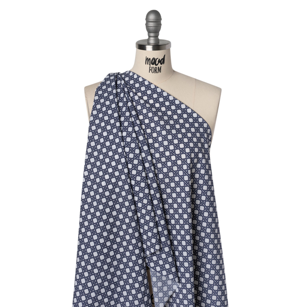 Cotton and Rayon Woven Shirting Print - Navy Blue and White Wicker Basket Lattice - Deadstock - Drape