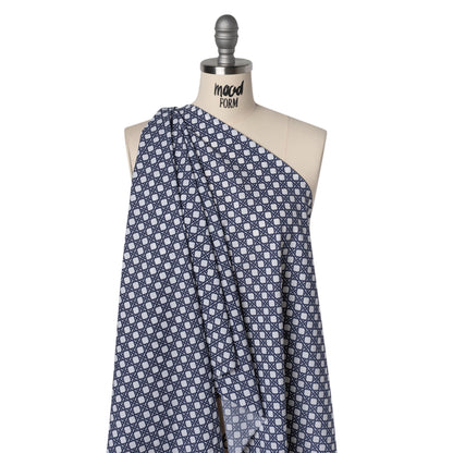 Cotton and Rayon Woven Shirting Print - Navy Blue and White Wicker Basket Lattice - Deadstock