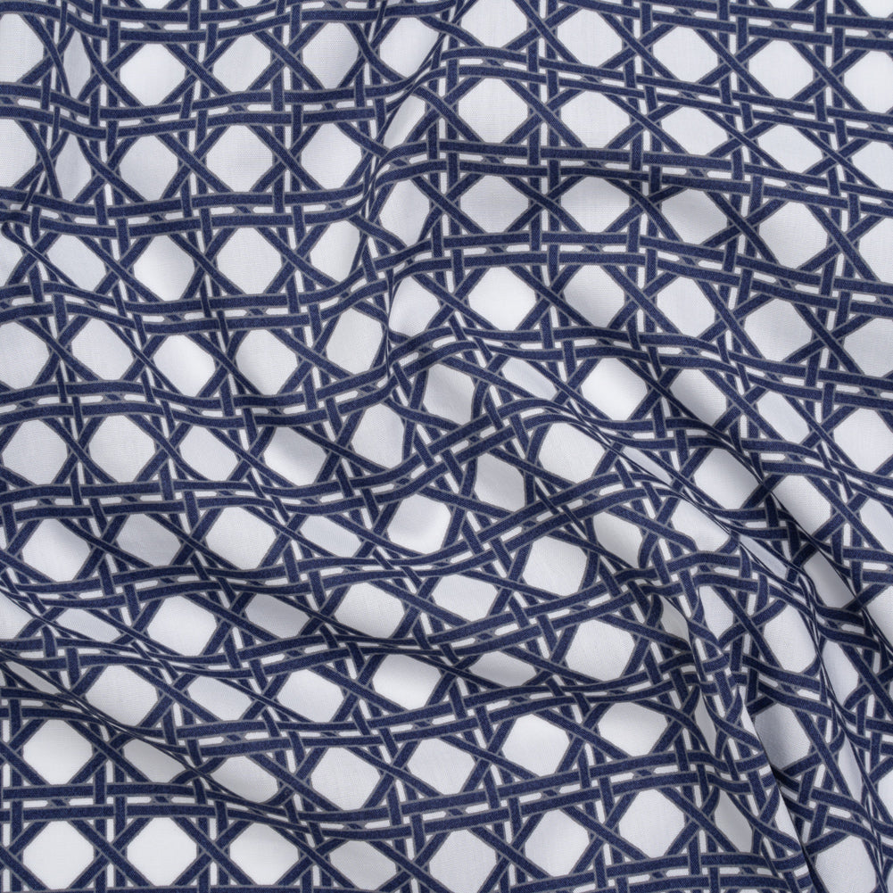 Cotton and Rayon Woven Shirting Print - Navy Blue and White Wicker Basket Lattice - Deadstock