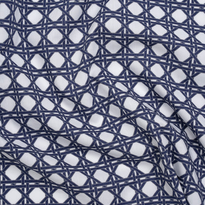 Cotton and Rayon Woven Shirting Print - Navy Blue and White Wicker Basket Lattice - Deadstock