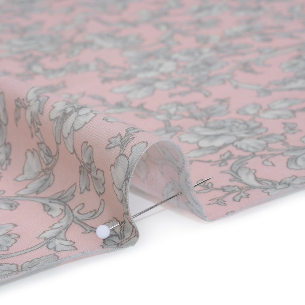 Cotton and Viscose Jersey Print - Light Pink, Ivory and Gray Rose Vines - Deadstock - Detail