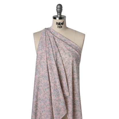 Cotton and Viscose Jersey Print - Light Pink, Ivory and Gray Rose Vines - Deadstock