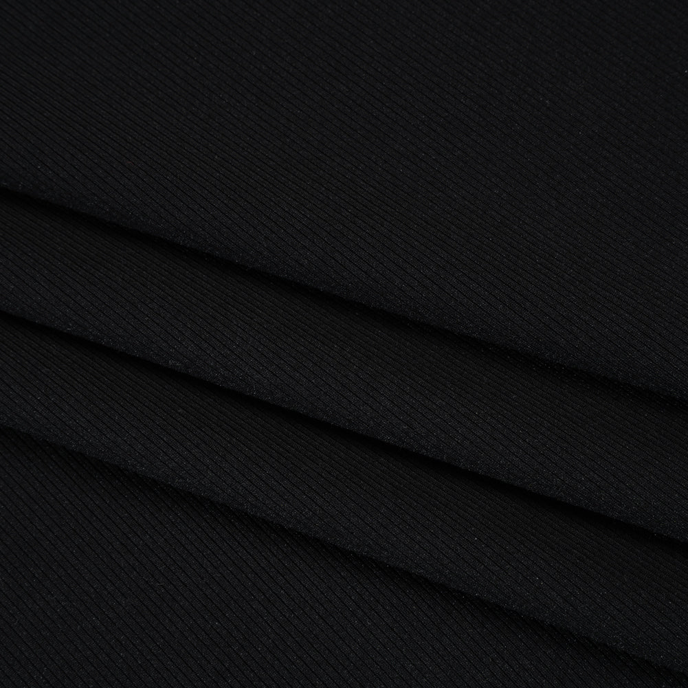 Stretch Recycled Polyester 1x1 Rib Knit - Jet Black - Deadstock - Folded