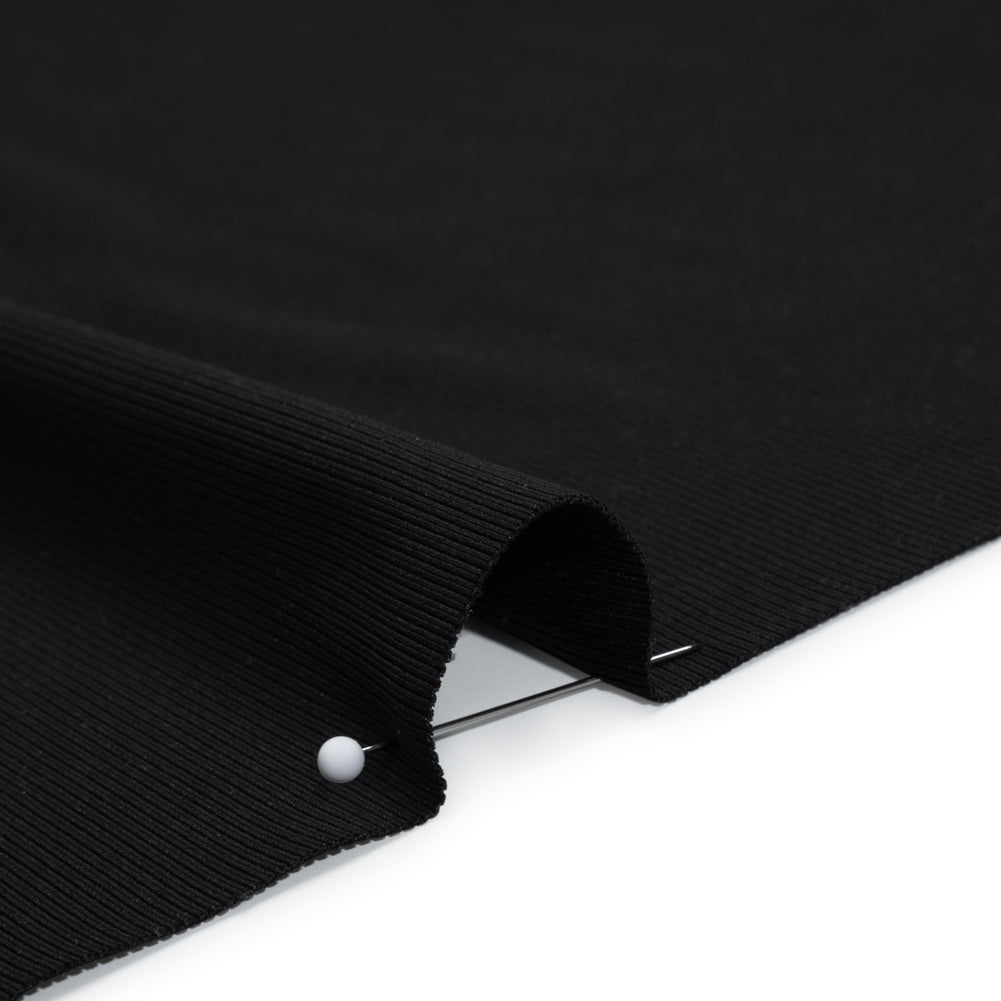 Stretch Recycled Polyester 1x1 Rib Knit - Jet Black - Deadstock - Detail