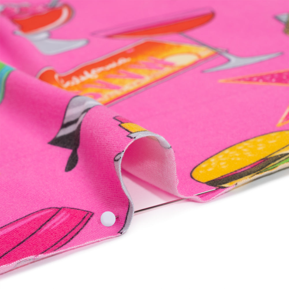 Stretch Polyester ITY Jersey by Vera Wang - Fuchsia, Green and Orange California Dreaming Icons - Designer Deadstock - Detail