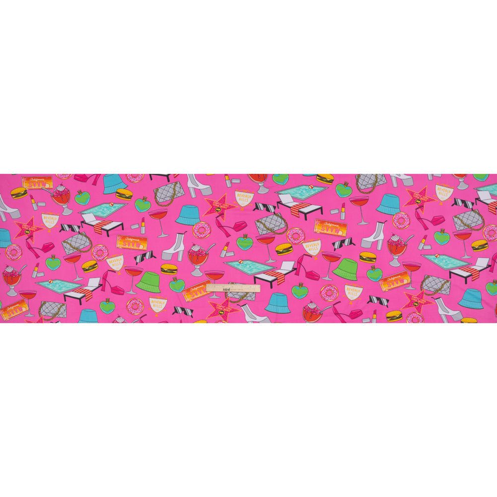 Stretch Polyester ITY Jersey by Vera Wang - Fuchsia, Green and Orange California Dreaming Icons - Designer Deadstock - Full