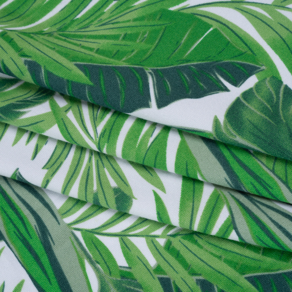 Stretch Polyester ITY Jersey by Vera Wang - Kelly Green and White Palm Leaves - Designer Deadstock - Folded