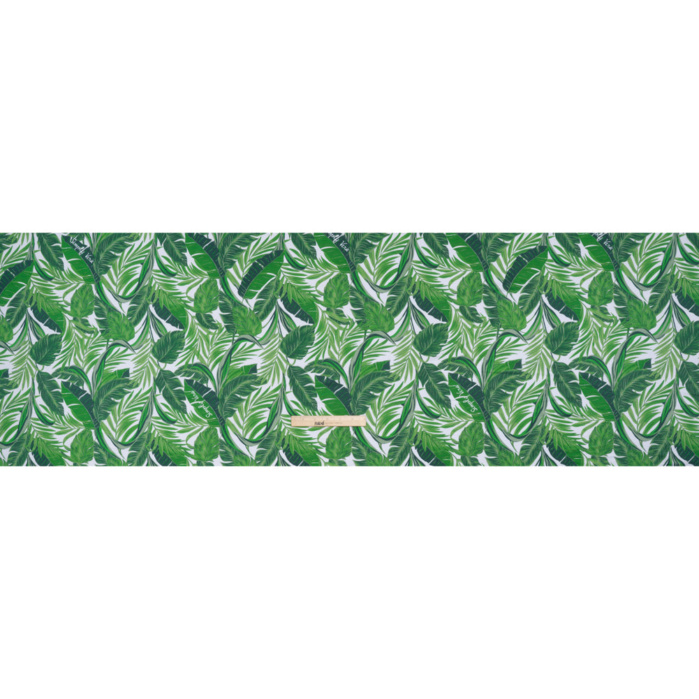 Stretch Polyester ITY Jersey by Vera Wang - Kelly Green and White Palm Leaves - Designer Deadstock - Full