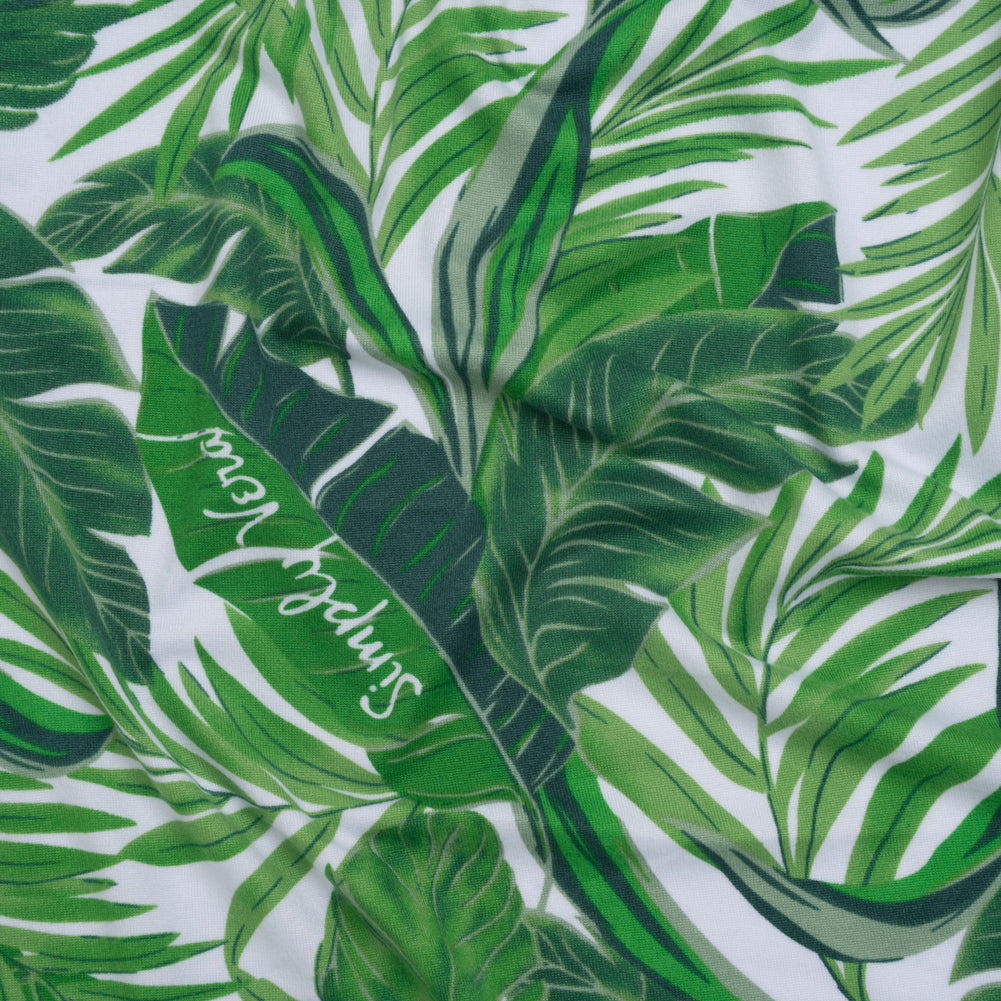 Stretch Polyester ITY Jersey by Vera Wang - Kelly Green and White Palm Leaves - Designer Deadstock