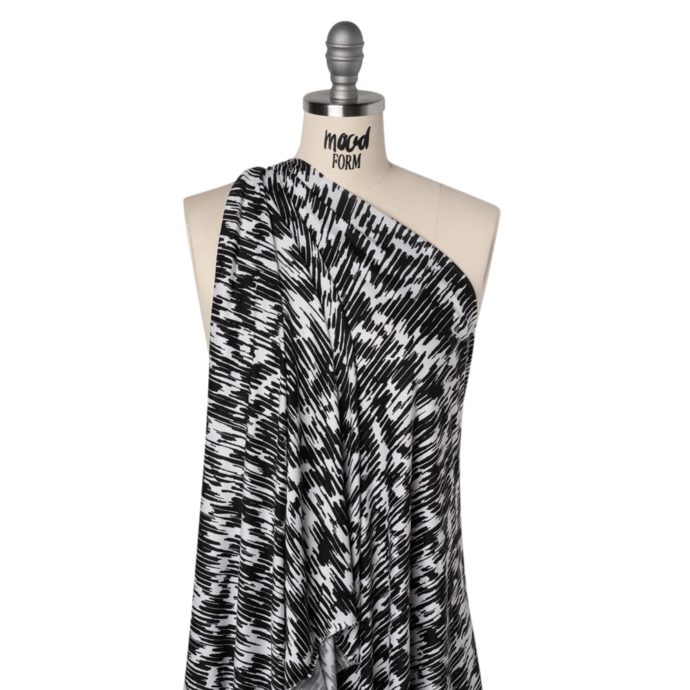 Stretch Polyester ITY Jersey - Black and White Abstract - Deadstock - Drape