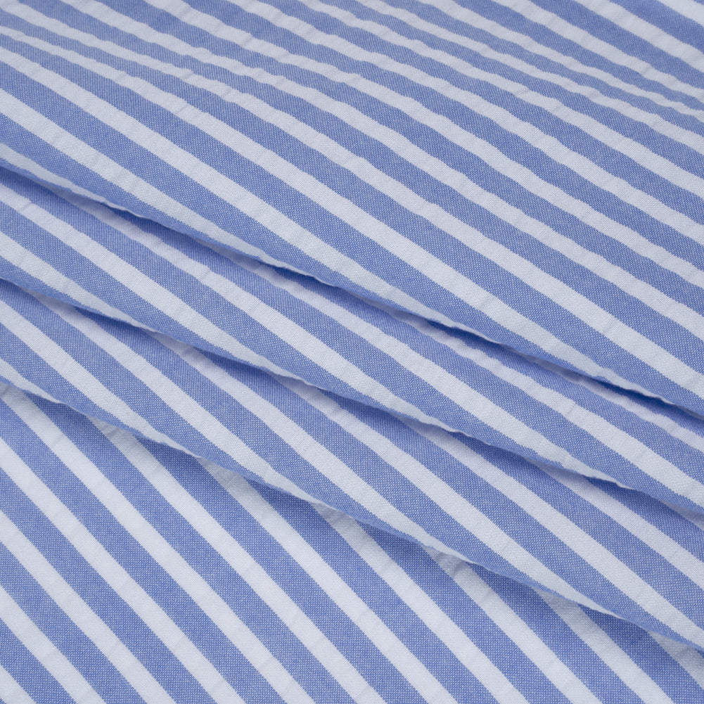 Rayon Seersucker - Light Blue and White Stripes - Deadstock - Folded