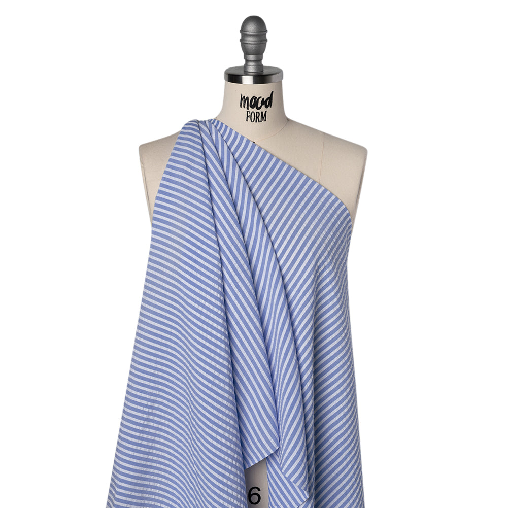 Rayon Seersucker - Light Blue and White Stripes - Deadstock - Drape