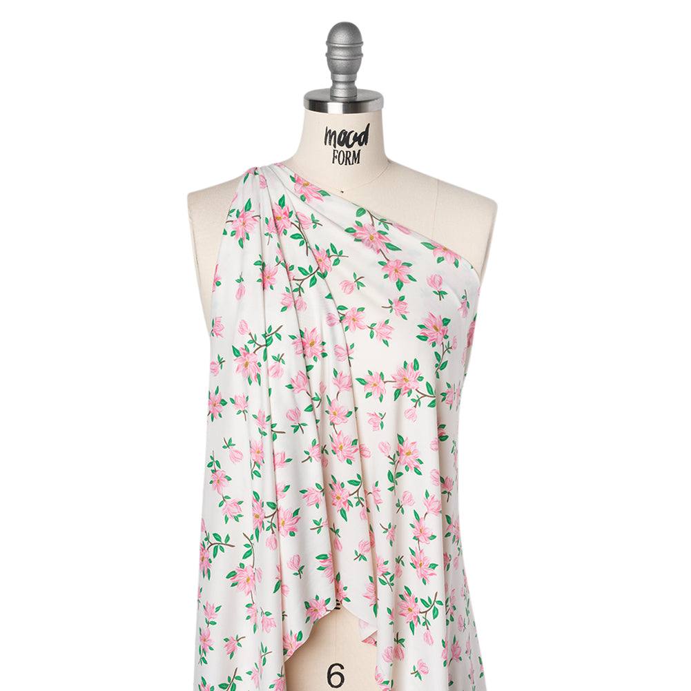 Stretch Polyester ITY Jersey - Ivory and Pink Florals - Deadstock - Drape