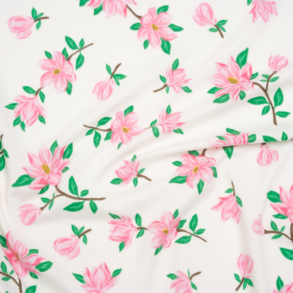 Stretch Polyester ITY Jersey - Ivory and Pink Florals - Deadstock