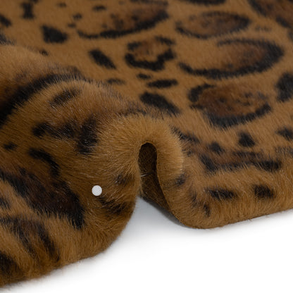 Plush Short Pile Recycled Polyester Faux Fur - Tan, Brown and Black Animal Spots Print Detail