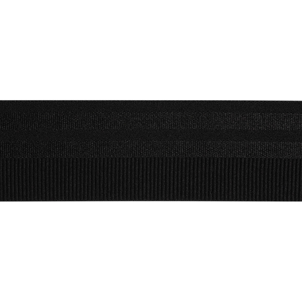 Nylon Elastic Trim with Satin Stripes and Ribbing Made in Italy - 1.625" - Black - Folded