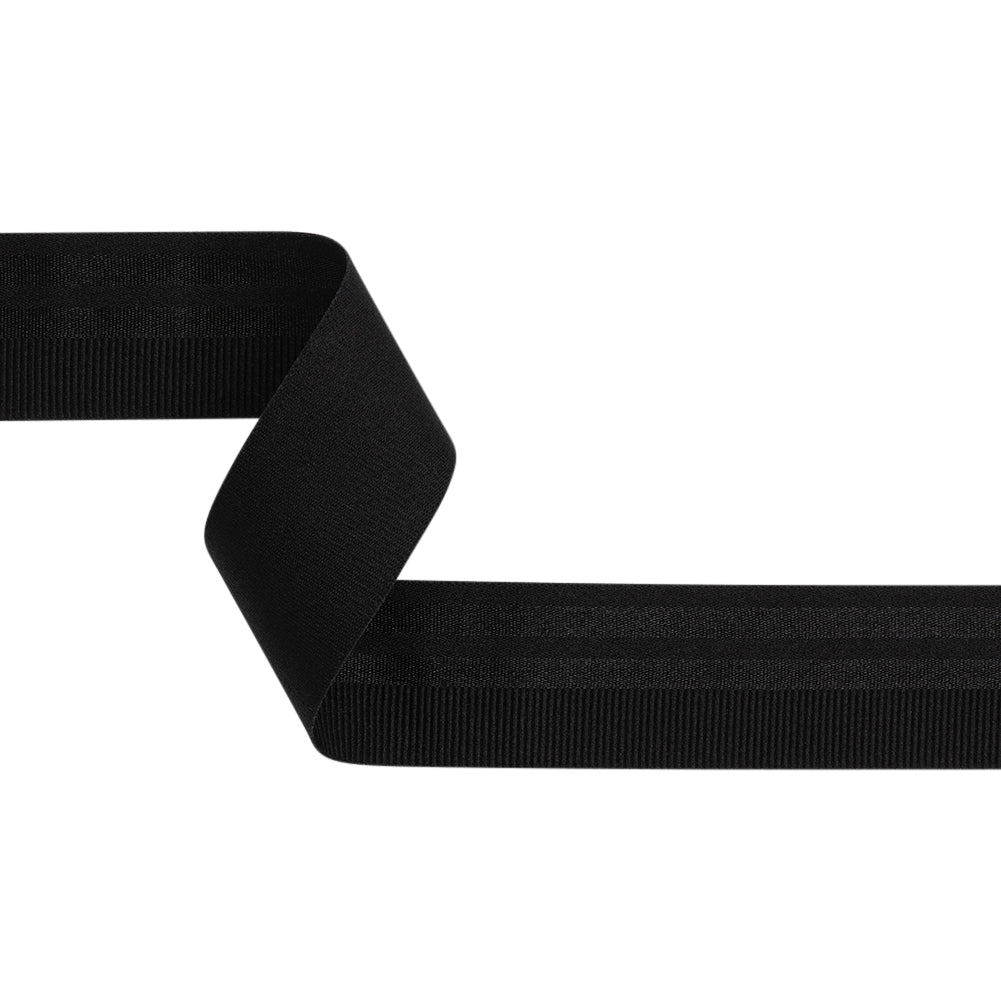 Nylon Elastic Trim with Satin Stripes and Ribbing Made in Italy - 1.625" - Black