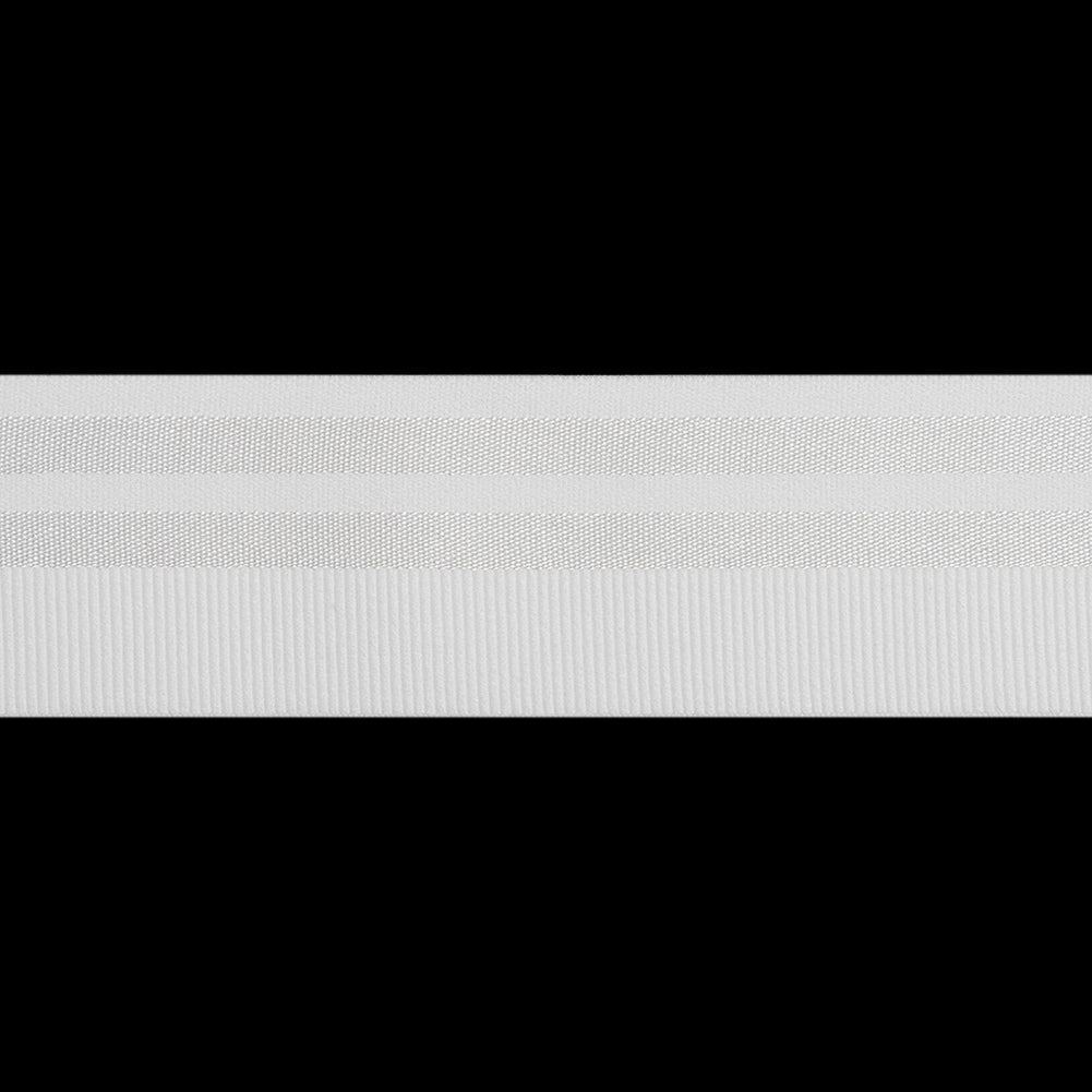 Nylon Elastic Trim with Satin Stripes and Ribbing Made in Italy - 1.625" - White - Folded
