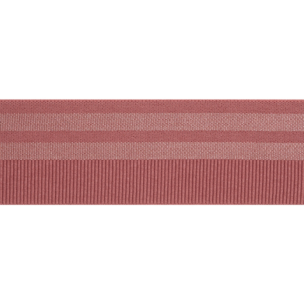 Nylon Elastic Trim with Satin Stripes and Ribbing Made in Italy - 1.625" - Dusty Rose - Folded