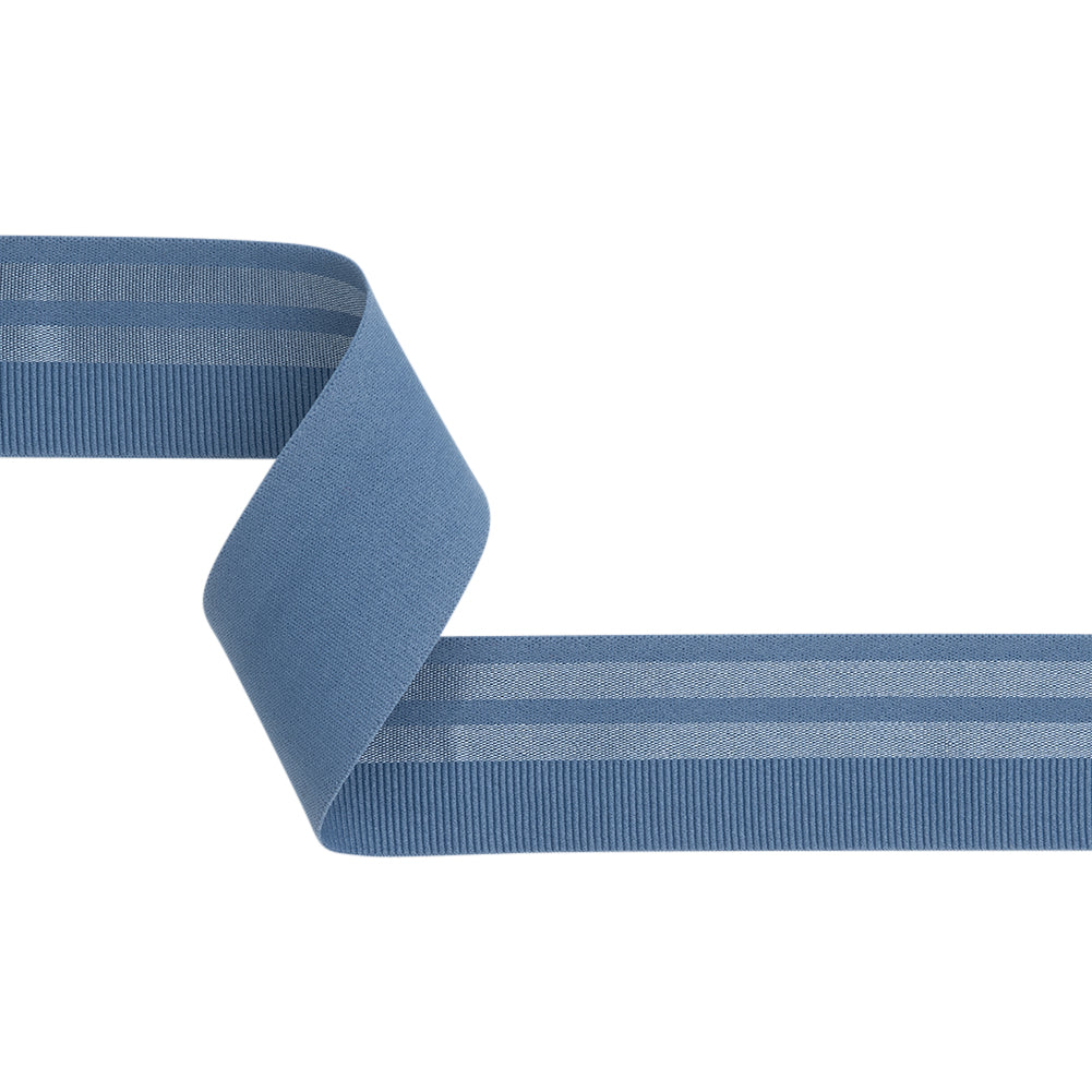 Nylon Elastic Trim with Satin Stripes and Ribbing Made in Italy - 1.625" - Country Blue