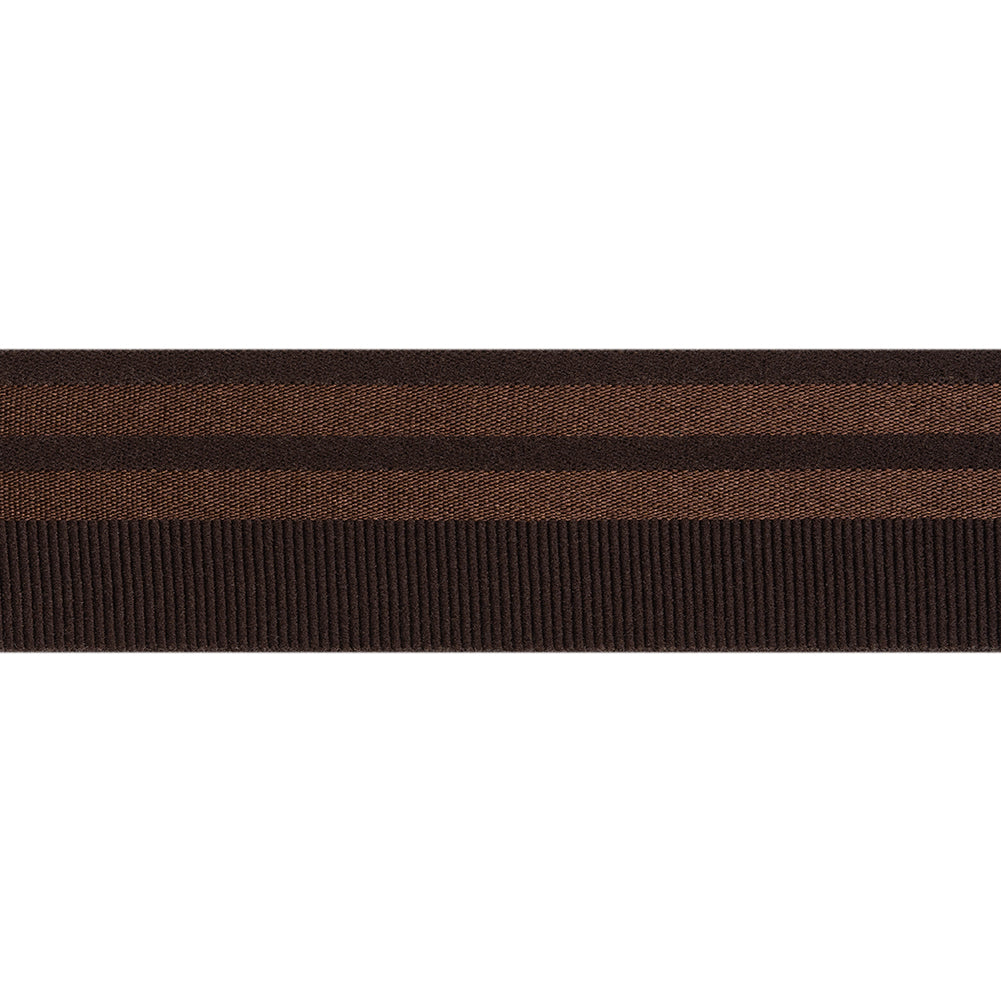 Nylon Elastic Trim with Satin Stripes and Ribbing Made in Italy - 1.625" - Brown - Folded