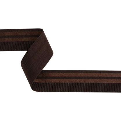 Nylon Elastic Trim with Satin Stripes and Ribbing Made in Italy - 1.625" - Brown