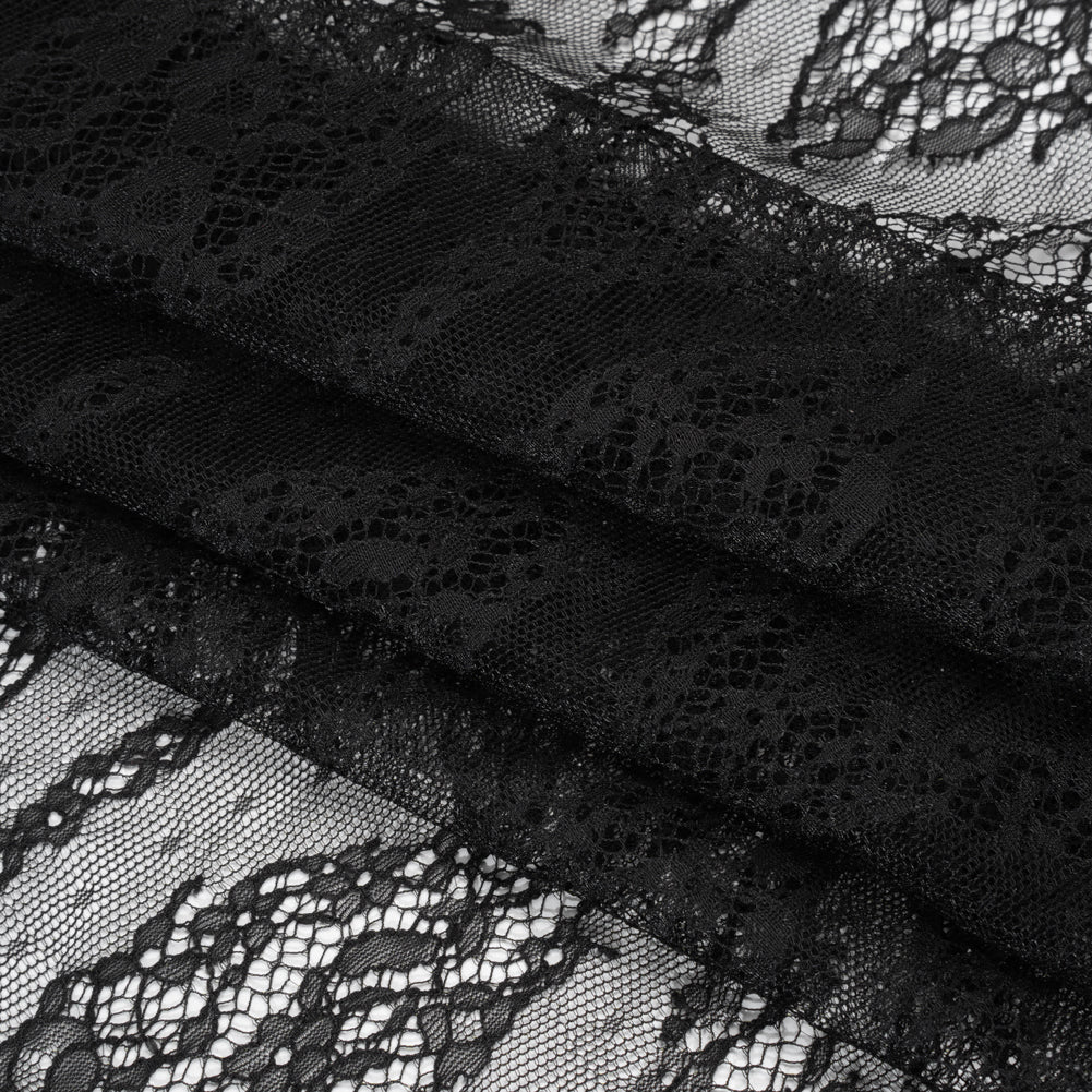 Raschel Lace with Finished Edges - Black Floral Lozenges - Deadstock - Folded